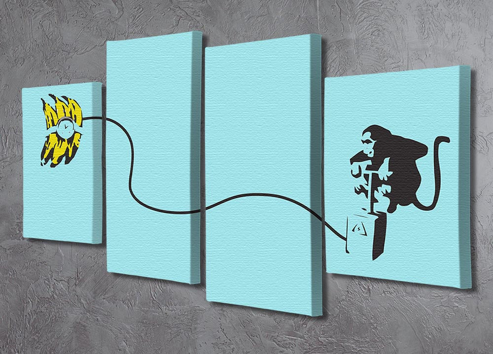 Banksy Monkey Banana Bomb Light Blue 4 Split Panel Canvas artwork featuring a playful monkey with a banana bomb on a light blue background.